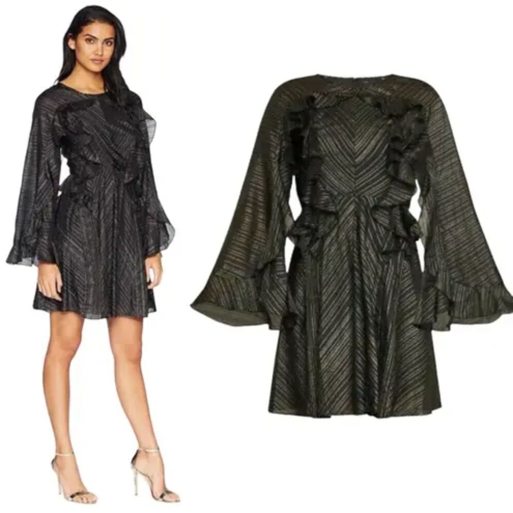BCBGMAXAZRIA Black Ruffled Fit & Flare Mini Dress Metallic Lurex Stripe Sixe XXS